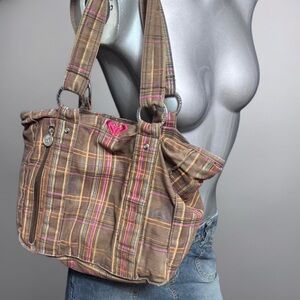 ROXY Y2K Plaid Brown/Pink Tote Purse
